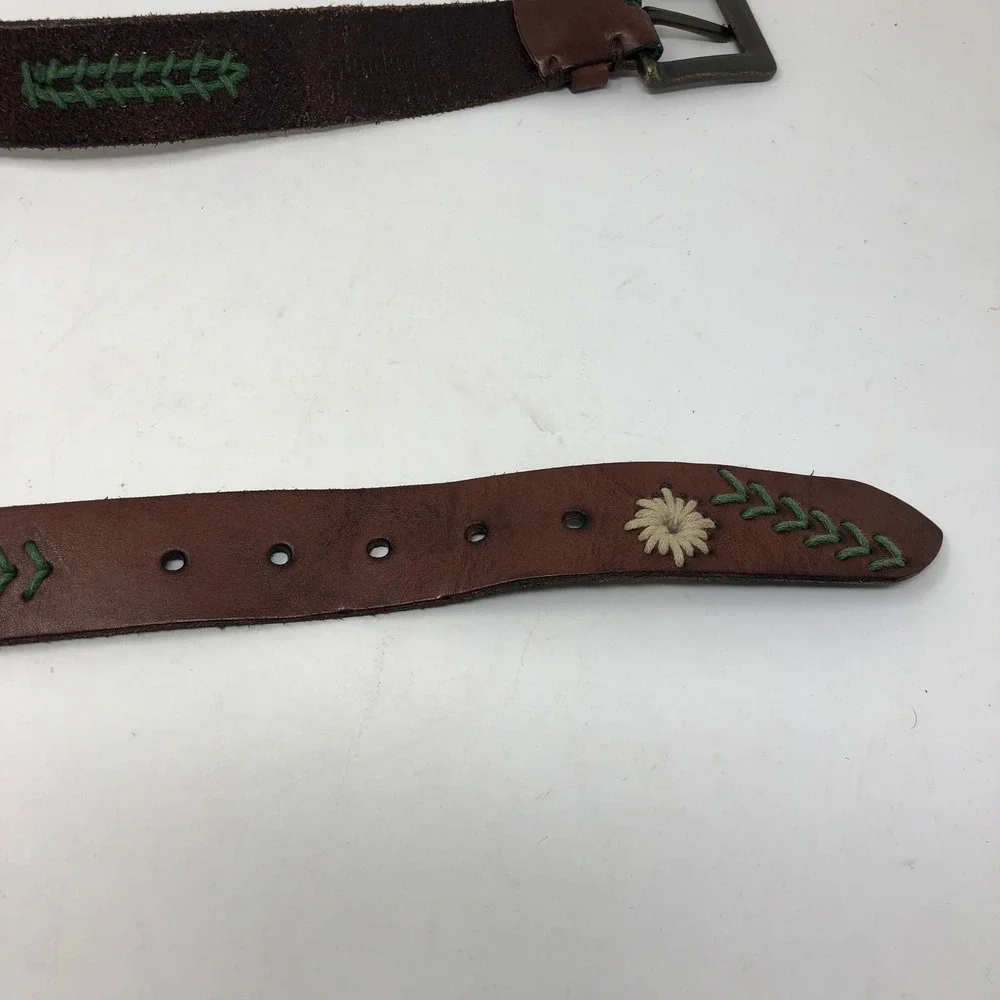 Sundance Belt Womens Large Brown Leather Floral Green Embroidered Boho Western